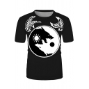 Simple Boys Short Sleeve Crew Neck Wolf Moon Pattern Slim Fit T-Shirt in Black