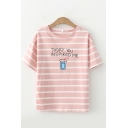 Womens Pretty Short Sleeve Round Neck Letter TODAY YOU INSPIRED ME Juice Stripe Printed Relaxed Graphic Tee in Pink