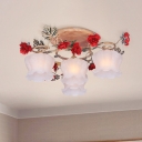 White Glass Coffee Semi Flush Floral 4/6 Bulbs Pastoral Style Flush Mount Light Fixture for Dining Room