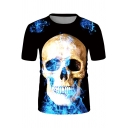 Cool Streetwear Boys Short Sleeve Crew Neck Skull Flame 3D Pattern Slim Fit T Shirt in Black