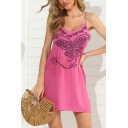 Casual Summer Ladies Sleeveless Round Neck Butterfly Embroidered Ruched Mini A-Line Cami Dress