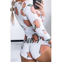 Chic Fancy Girls Long Sleeve Round Neck All Over Peach Lip Butterfly Heart Print Slim Fit Bodysuit in White