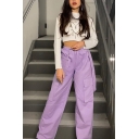 Pretty Womens Elastic Waist Straps Flap Pockets Long Length Wide-Leg Trousers in Purple