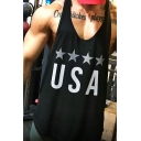 Basic Sport Mens Sleeveless Round Neck Letter USA Pentagram Graphic Relaxed Fit Tank Top