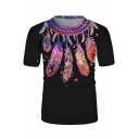 Ethnic Tribal Short Sleeve Crew Neck Flower Feather Pattern Loose T Shirt in Black