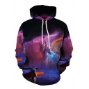 Unique Pretty Long Sleeve Drawstring Starry Sky 3D Patterned Pouch Pocket Loose Hoodie in Purple