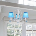 Blue Cone Suspended Lighting Fixture Korean Flower Fabric 3/6/8-Bulb Bedroom Chandelier Light with Crystal Drop