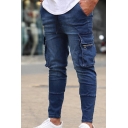 Casual Simple Mens Patched Zipper Pocket Bleach Ankle Length Slim Fit Jeans