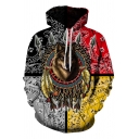 Tribal Style Mens Long Sleeve Drawstring Wolf Floral 3D Printed Colorblocked Loose Fit Hoodie in Gold