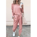 Casual Classic Solid Color Long Sleeve Round Neck Relaxed Tee & Drawstring Wasit Ankle Relaxed Trousers for Ladies