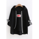 Kpop Girls Long Sleeve AND Letter Contrasted Drawstring Bow Tie Striped High and Low Hem Relaxed Hooded Tee
