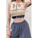 Chic Fancy Ladies Sleeveless Half Zipper Letter CUTE AND PSYCHO Cartoon Graphic Contrasted Fit Crop Tank in Nude