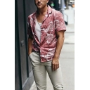 Hot Beach Boys Short Sleeve Lapel Collar Button Down Maple Leaf Allover Printed Relaxed Shirt in Pink
