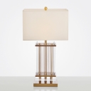 Modern Rectangle Table Light Metallic 1 Head Bedroom Fabric Nightstand Lamp in Gold with Clear Glass Bars