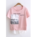 Womens Kpop Fashion Short Sleeve Round Neck Letter BPMR THINGS HAPPLY Graphic Slit Back High Low Relaxed T Shirt