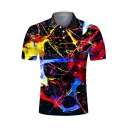 Stylish Mens Short Sleeve Lapel Neck Button Up Abstract 3D Printed Slim Fitted Polo Shirt