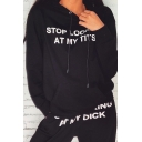 Cool Womens Long Sleeve Drawstring Letter STOP LOOKING AT MY TITS Pouch Pocket Loose Hoodie in Black