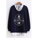 Casual Womens Long Sleeve Lapel Neck Plaid Print Letter SHAPLES Fake Two-Piece Relaxed Pullover Sweatshirt