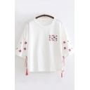 Casual Girls Three-Quarter Sleeve Round Neck Japanese Letter Floral Graphic Bow Tie Loose Tee Top