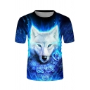 Trendy Boys Short Sleeve Crew Neck Flower Wolf 3D Printed Loose Fit T Shirt in Blue