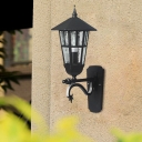 Black Lantern Wall Light Sconce Farmhouse Clear Water/Tan Ribbed Glass 1-Bulb 20