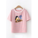 Leisure Womens Short Sleeve Round Neck Cartoon Stripe Pattern Contrasted Relaxed Tee