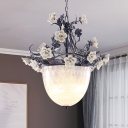 Korean Flower Bowl Hanging Chandelier 4 Lights White Glass Pendant Light Fixture for Dining Room