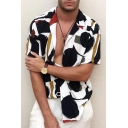 Fashionable Mens Short Sleeve Lapel Neck Button Down Abstract Pattern Color Block Regular Fit Shirt in Black