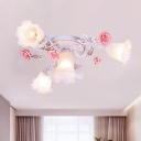 White Glass Starburst Semi Flush Light Countryside 4/6/7 Lights Bedroom Flush Mount with Pink Rose Decor
