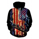 New Stylish Guys Long Sleeve Drawstring Flag 3D Pattern Pouch Pocket Relaxed Fitted Hoodie in Black
