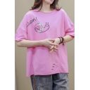 Fancy Trendy Womens Short Sleeve Round Neck Letter LION Snail Embroidered Ripped Roll Edge Relaxed Fit T-Shirt