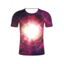 Fashioanble Girls Short Sleeve Round Neck 3D Starry Sky Dizzy Vortex Printed Relaxed Tee Top in Purple