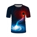 Fashionable Mens Short Sleeve Crew Neck Universe Planet 3D Printed Loose T Shirt in Black