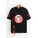 Japanese Style Cool Girls Short Sleeve Round Neck Cartoon Ladies Fan Pattern Lace Up Relaxed Tee