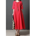 Trendy Solid Color Three Quarter Sleeve Round Neck Embroidery Linen and Cotton Maxi Oversize Dress for Women