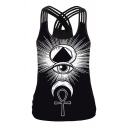 Girls Stylish Sleeveless Round Neck Hollow Out Back Comic Eye Moon Gender Symbol Pattern Fitted Tank Top in Black