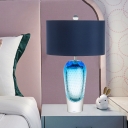 Blue Cylinder Nightstand Lighting Luxury 1 Bulb Fabric Table Lamp with Vase Bubble Glaze Base