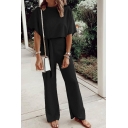 Formal Womens Bell Sleeve Round Neck Bow Tie Waist Solid Color Long Length Relaxed Jumpsuit