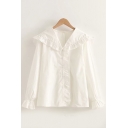 Pretty Girls Long Sleeve Peter Pan Collar Button Down Ruffled Trim Relaxed Blouse Top in White