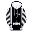 Chic Mens Long Sleeve Drawstring Button Stripe Belt Printed Colorblock Relaxed Hoodie with Pocket in Black