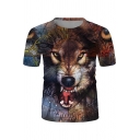 Cool Trendy Short Sleeve Crew Neck Wolf 3D Pattern Loose T Shirt in Brown