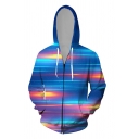 Designer Guys Blue Long Sleeve Drawstring Zipper Front Colorful Stripe 3D Printed Relaxed Fit Hoodie
