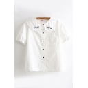Kawaii Girls Short Sleeve Peter Pan Collar Button Down Flying Pig Embroidered Loose Fit Shirt in White