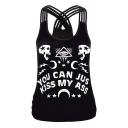 Chic Black Punk Sleeveless Round Neck Hollow Out Back Letter YOU CAN JUS KISS ME ASS Skull Moon Graphic Slim Fit Tank Top for Girls