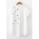 Ladies Pretty White Short Sleeve Crew Neck Button Down Lace Trim Floral Cartoon Embroidered Longline Loose Shirt