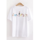 Simple Fashion Girls Short Sleeve Round Neck Cartoon Patterned Relaxed Fit T Shirt