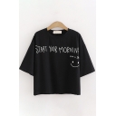 Basic Girls Short Sleeve Round Neck START YOUR MORNING Smile Face Graphic Pocket Panel Relaxed Crop Tee