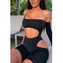 Chic Edgy Girls Single Sleeve One Shoulder Cut Out Skinny Rompers in Black