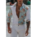 Hot Beach Boy Long Sleeve Lapel Collar Button Down Flower Printed Panel Fitted Shirt in White