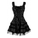 Girls Retro Sleeveless Lace Up Front Checkered Printed Lace Trim Eyelet Tape Mini A-Line Cami Dress